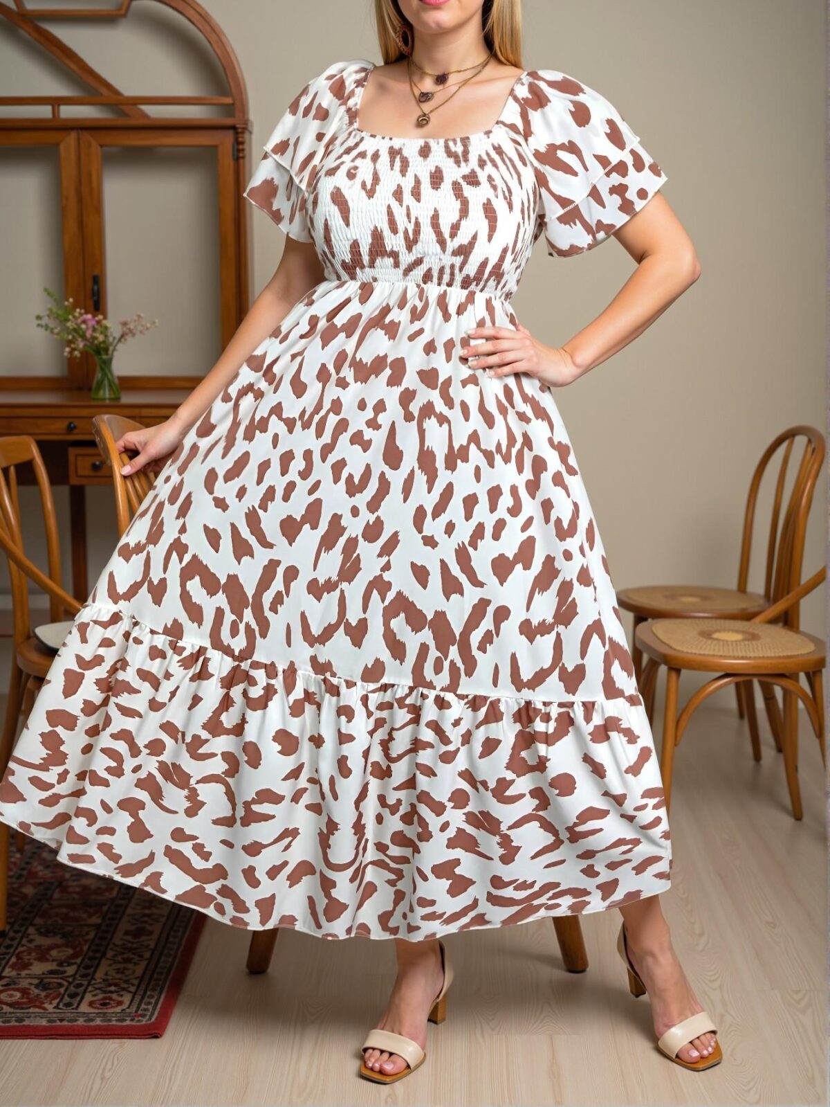 Elegant Pink Feminine Ruffle Sleeve High-Waisted Midi Dress with Flounce Hem and All Over Print for Your Stylish Vacation Look – Chic, Classy and Trendy Fashion Style to Dress to Impress - Image 5