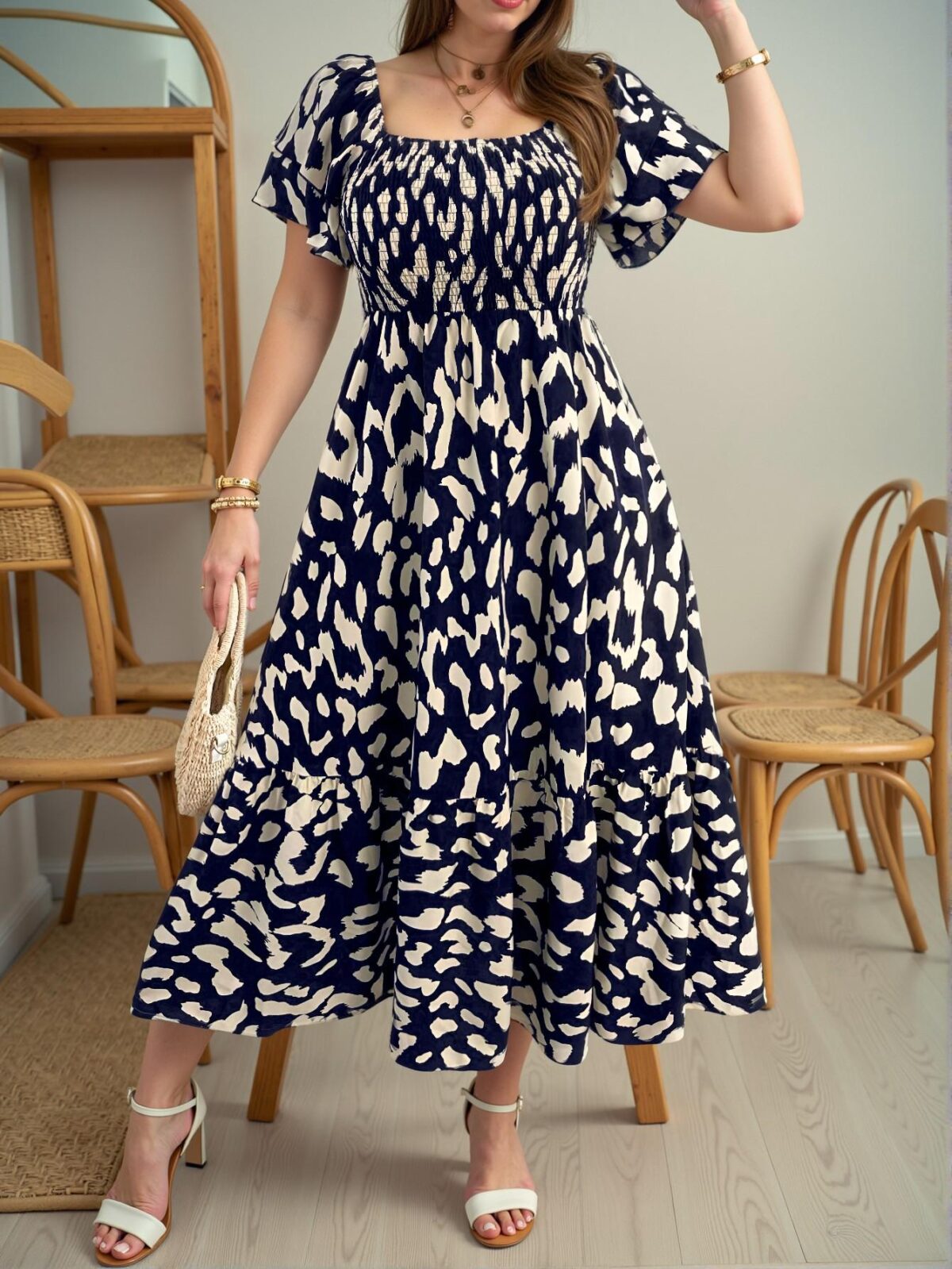 Elegant Navy Blue Flattering Puff Sleeve A-Line Midi Dress with Ruffle Hem and High Waist for Stylish Spring and Summer Looks - Chic, Classy and Trendy Fashion Style to Dress to Impress