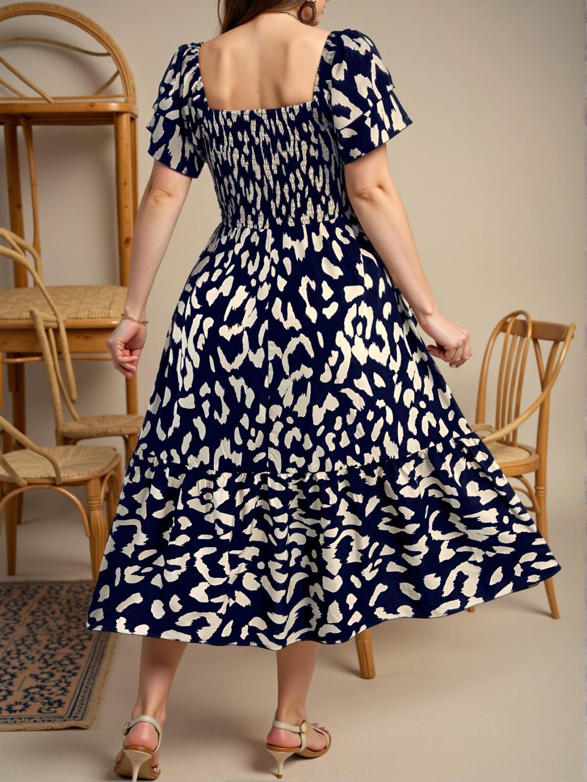 Elegant Navy Blue Flattering Puff Sleeve A-Line Midi Dress with Ruffle Hem and High Waist for Stylish Spring and Summer Looks - Chic, Classy and Trendy Fashion Style to Dress to Impress - Image 2