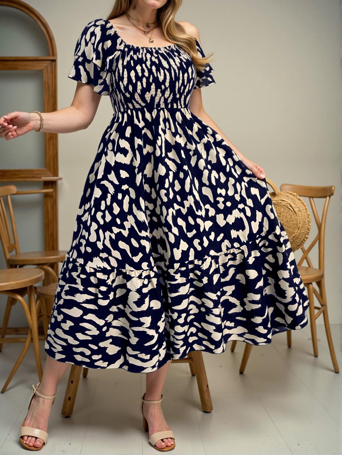 Elegant Navy Blue Flattering Puff Sleeve A-Line Midi Dress with Ruffle Hem and High Waist for Stylish Spring and Summer Looks - Chic, Classy and Trendy Fashion Style to Dress to Impress - Image 3