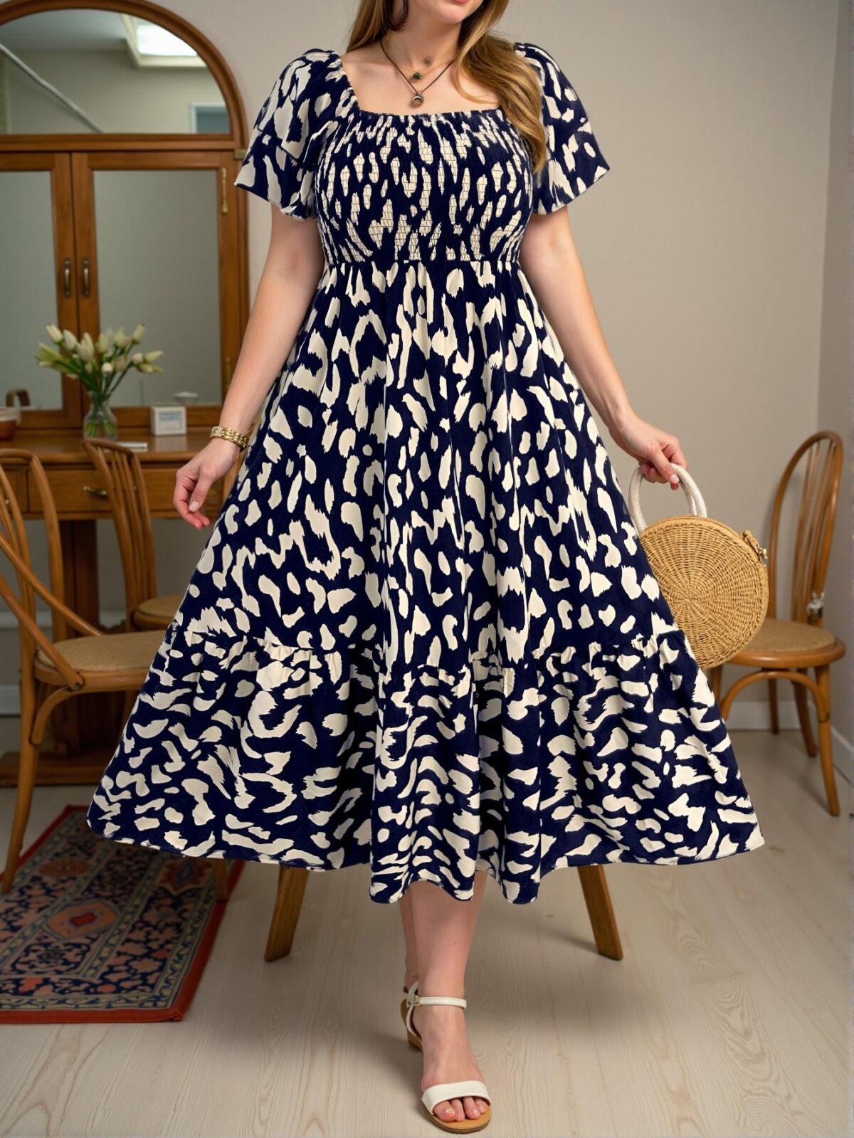 Elegant Navy Blue Flattering Puff Sleeve A-Line Midi Dress with Ruffle Hem and High Waist for Stylish Spring and Summer Looks - Chic, Classy and Trendy Fashion Style to Dress to Impress - Image 4