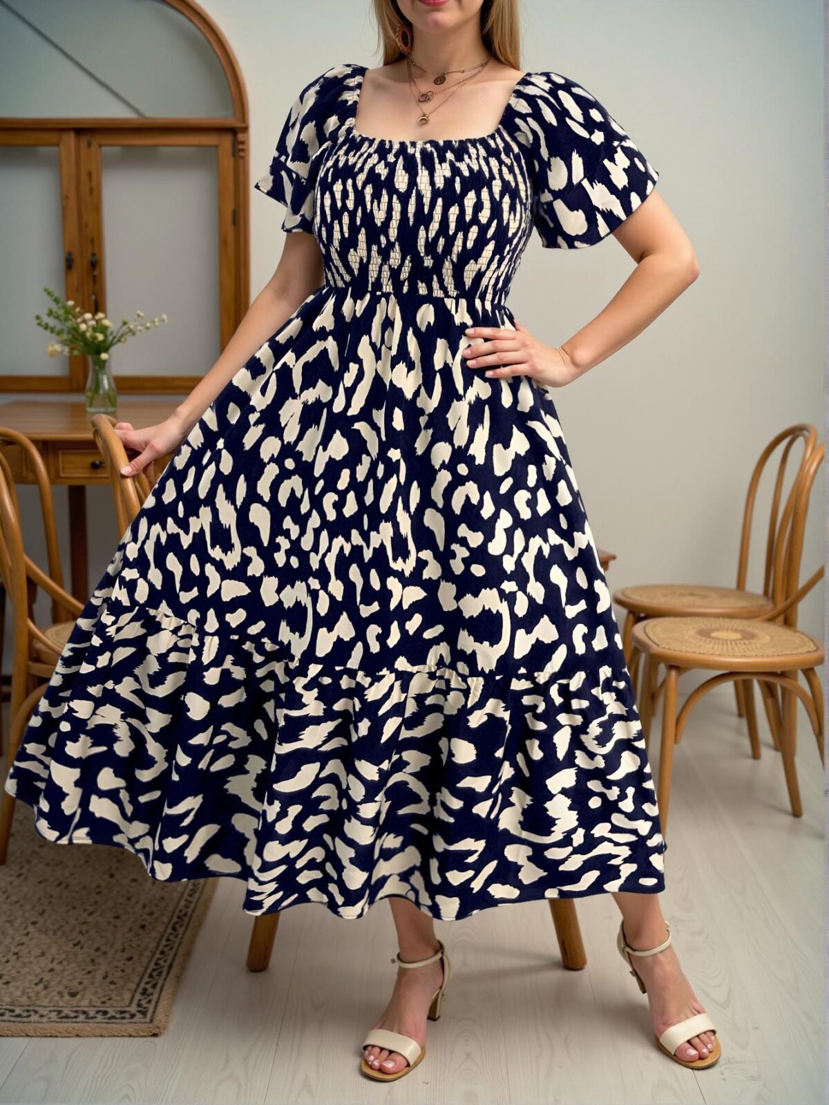 Elegant Navy Blue Flattering Puff Sleeve A-Line Midi Dress with Ruffle Hem and High Waist for Stylish Spring and Summer Looks - Chic, Classy and Trendy Fashion Style to Dress to Impress - Image 5