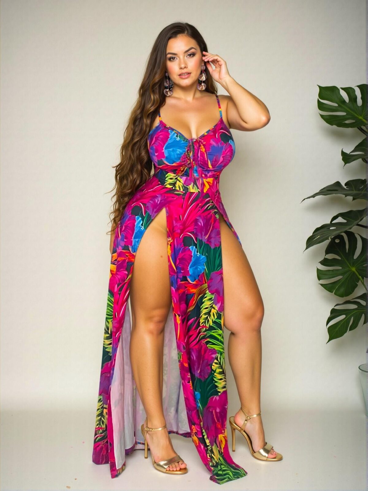 Elegant Multicolor Bohemian Tropical Floral Print Spaghetti Strap Maxi Dress with High Slit for Spring and Summer - Chic, Classy and Trendy Fashion Style to Dress to Impress