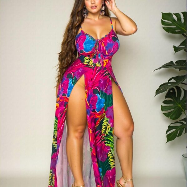 Elegant Multicolor Bohemian Tropical Floral Print Spaghetti Strap Maxi Dress with High Slit for Spring and Summer - Chic, Classy and Trendy Fashion Style to Dress to Impress