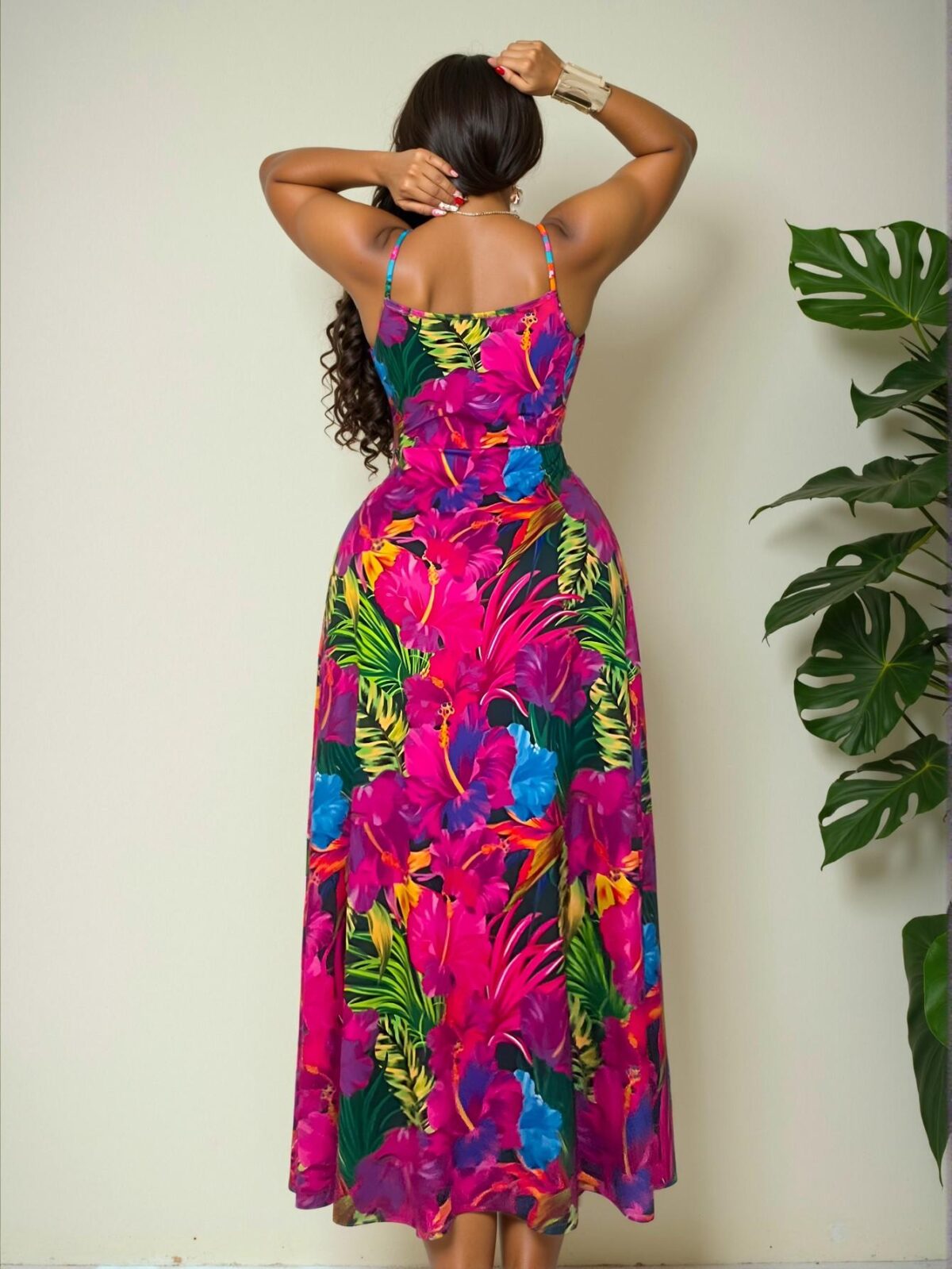 Elegant Multicolor Bohemian Tropical Floral Print Spaghetti Strap Maxi Dress with High Slit for Spring and Summer - Chic, Classy and Trendy Fashion Style to Dress to Impress - Image 2
