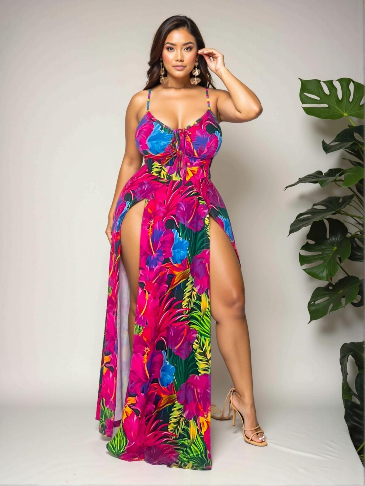 Elegant Multicolor Bohemian Tropical Floral Print Spaghetti Strap Maxi Dress with High Slit for Spring and Summer - Chic, Classy and Trendy Fashion Style to Dress to Impress - Image 3