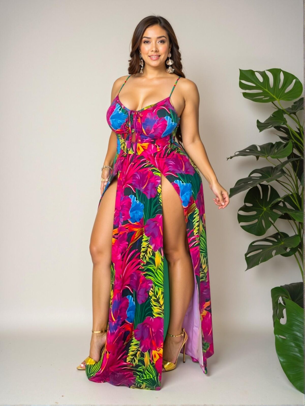 Elegant Multicolor Bohemian Tropical Floral Print Spaghetti Strap Maxi Dress with High Slit for Spring and Summer - Chic, Classy and Trendy Fashion Style to Dress to Impress - Image 4