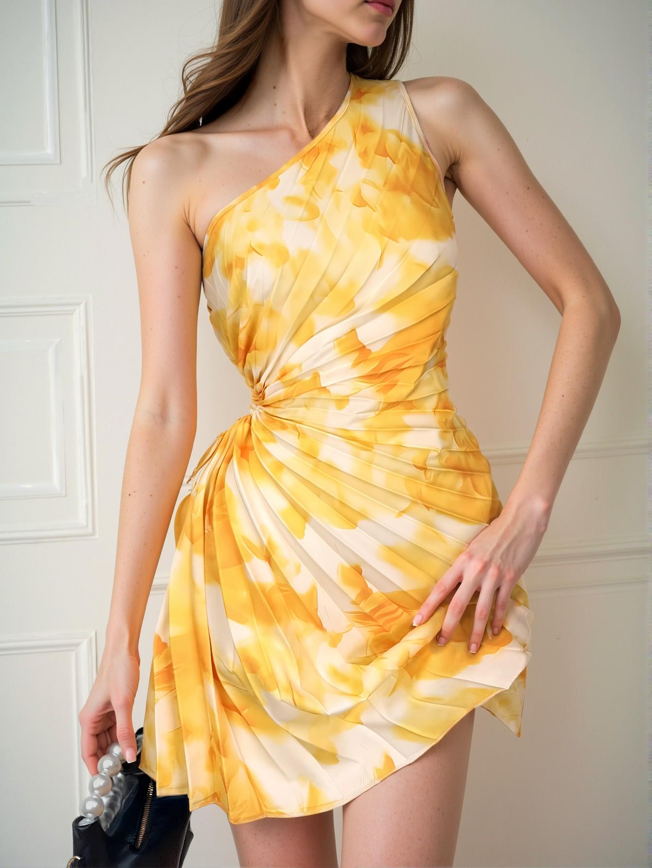 Elegant Multicolor Gradient Print Pleated Asymmetrical Neck Sleeveless Mini Dress Perfect for Holiday Escapes, Casual Outings, or Romantic Evenings, Ideal for Beach, Parties, and Special Occasions - Chic, Classy, and Trendy Fashion Style to Dress to Impress