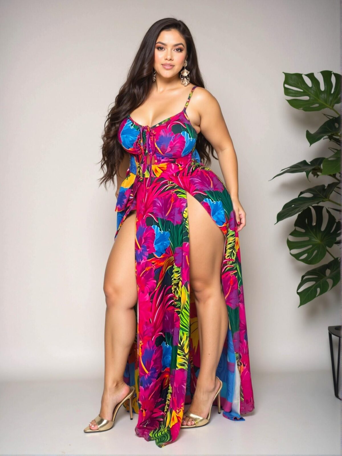 Elegant Multicolor Bohemian Tropical Floral Print Spaghetti Strap Maxi Dress with High Slit for Spring and Summer - Chic, Classy and Trendy Fashion Style to Dress to Impress - Image 5
