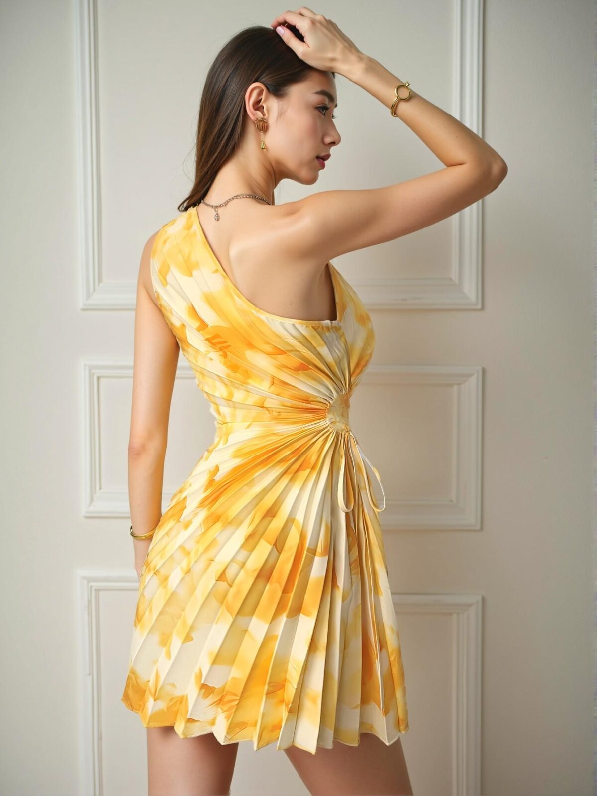 Elegant Multicolor Gradient Print Pleated Asymmetrical Neck Sleeveless Mini Dress Perfect for Holiday Escapes, Casual Outings, or Romantic Evenings, Ideal for Beach, Parties, and Special Occasions - Chic, Classy, and Trendy Fashion Style to Dress to Impress - Image 2