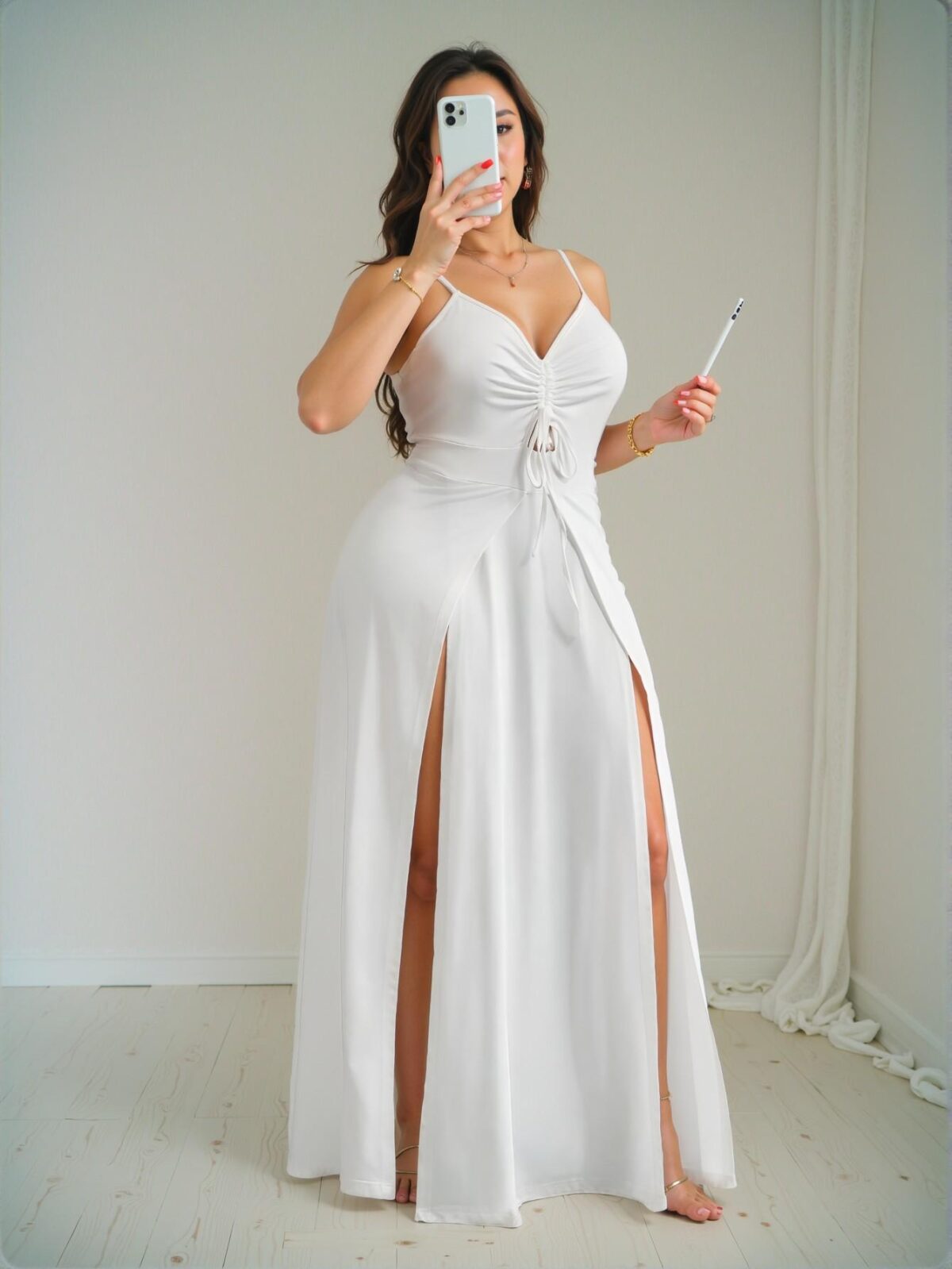 Elegant White Chic Plus Size High Slit Maxi Slip Dress with Drawstring for Vacation - Perfect Outfit for Spring and Summer "Chic, Classy and Trendy Fashion Style to Dress to Impress" - Image 3