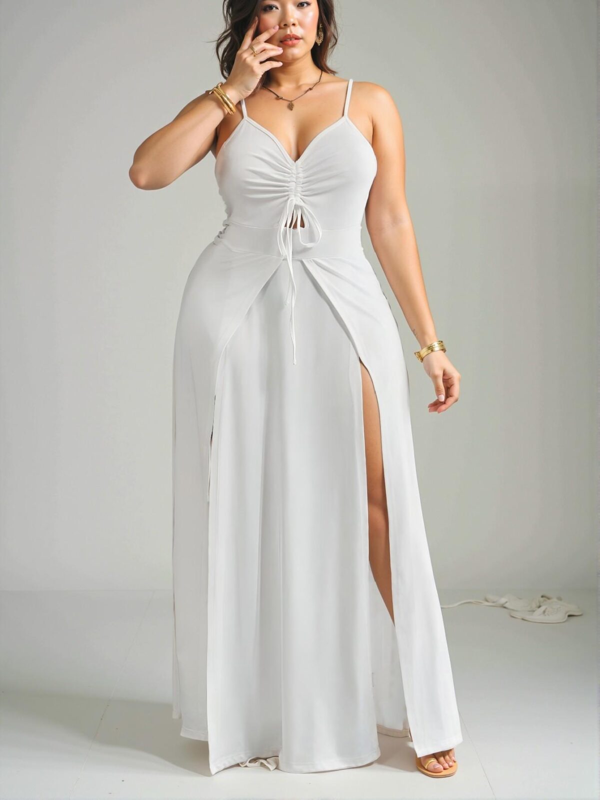 Elegant White Chic Plus Size High Slit Maxi Slip Dress with Drawstring for Vacation - Perfect Outfit for Spring and Summer "Chic, Classy and Trendy Fashion Style to Dress to Impress" - Image 5