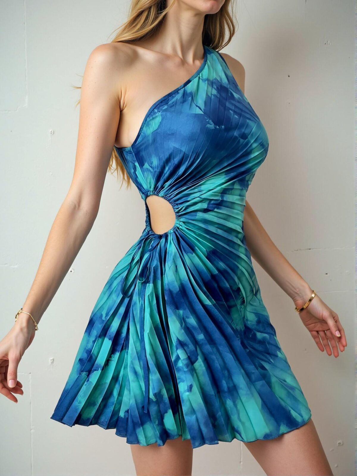 Elegant Multicolor Stylish Tie Dye Print Pleated Asymmetrical Neck Sleeveless Dress for Spring and Summer — Chic, Classy and Trendy Fashion Style to Dress to Impress - Image 2