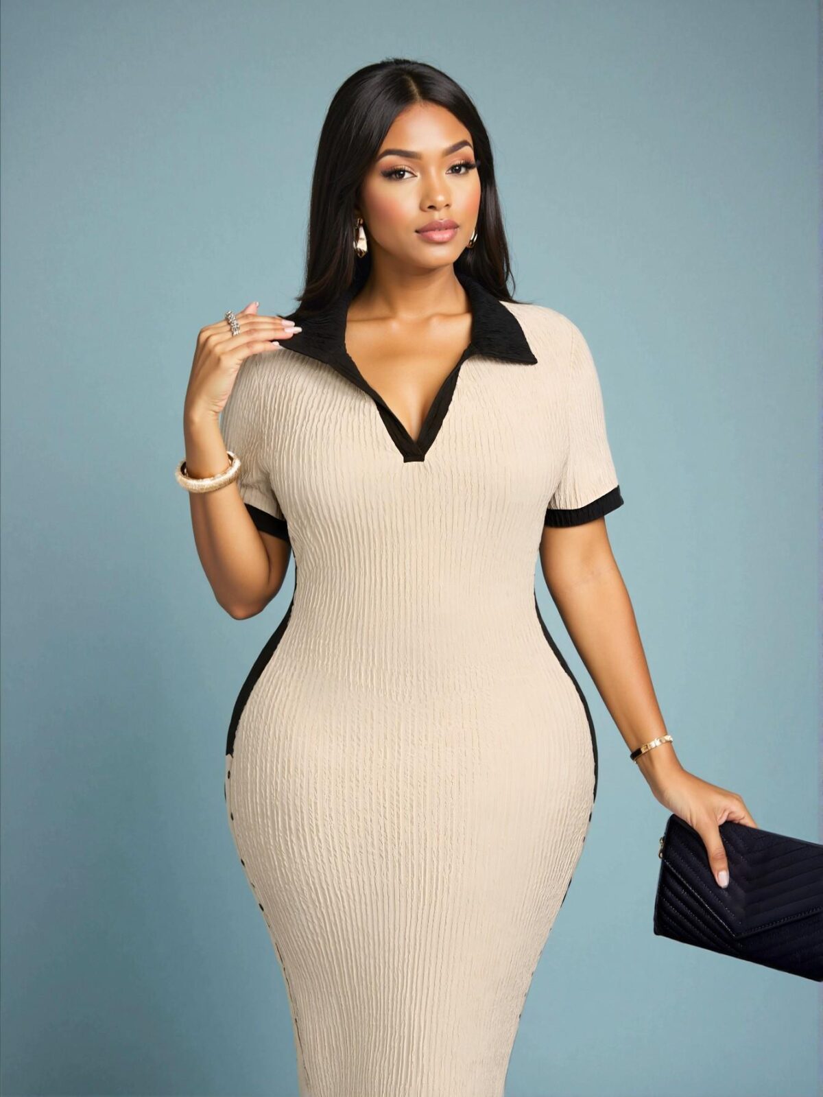 Elegant Apricot Casual Plus Size Dress with Lapel V-Neck and Short Sleeves - Chic, Classy, and Trendy Fashion Style to Dress to Impress - Image 3