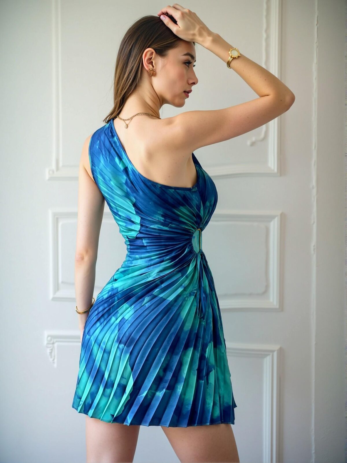 Elegant Multicolor Stylish Tie Dye Print Pleated Asymmetrical Neck Sleeveless Dress for Spring and Summer — Chic, Classy and Trendy Fashion Style to Dress to Impress - Image 4