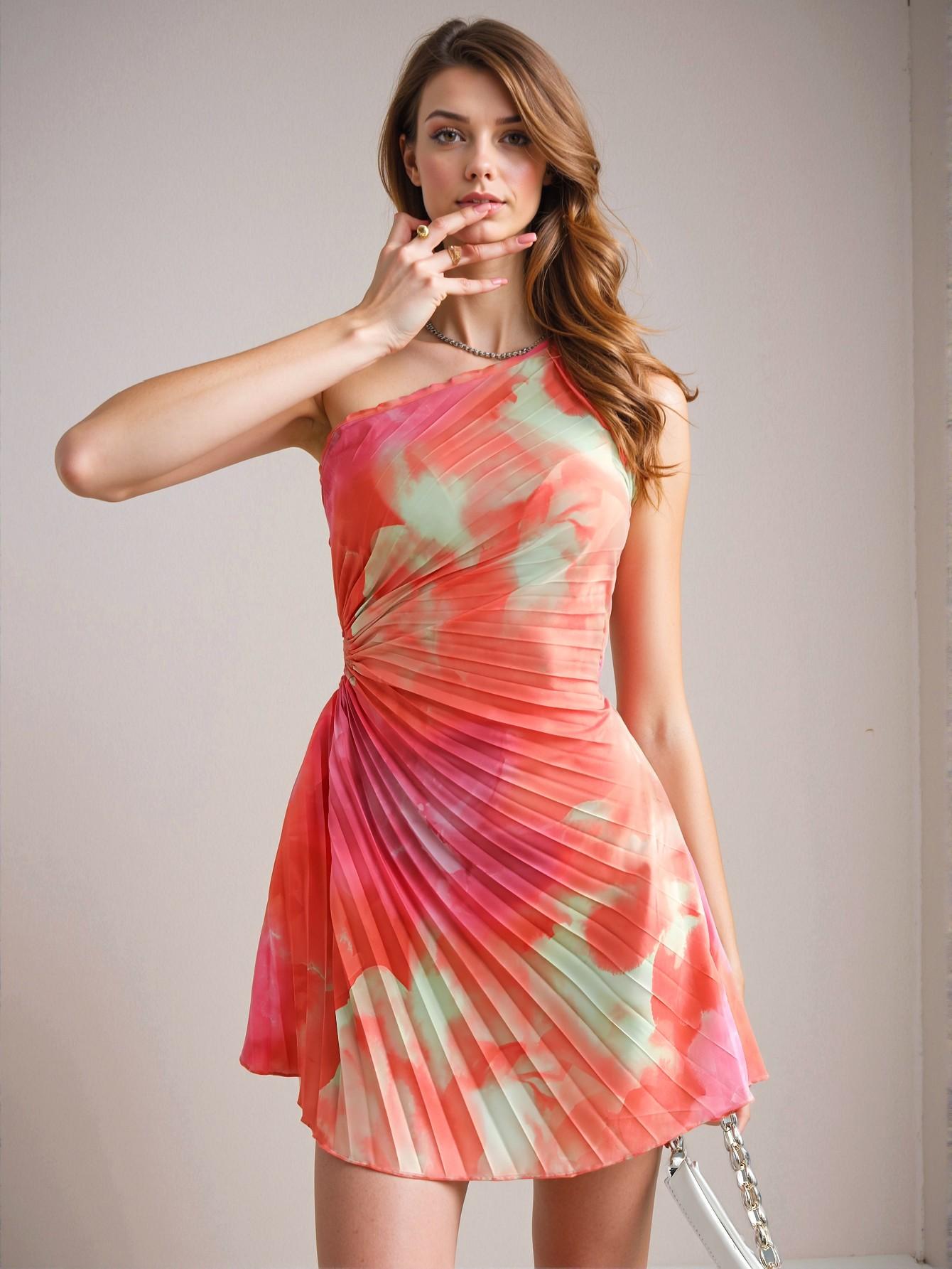 Elegant Multicolor Pleated Asymmetrical Collar Sleeveless Dress for Spring and Summer - Chic, Classy and Trendy Fashion Style to Dress to Impress