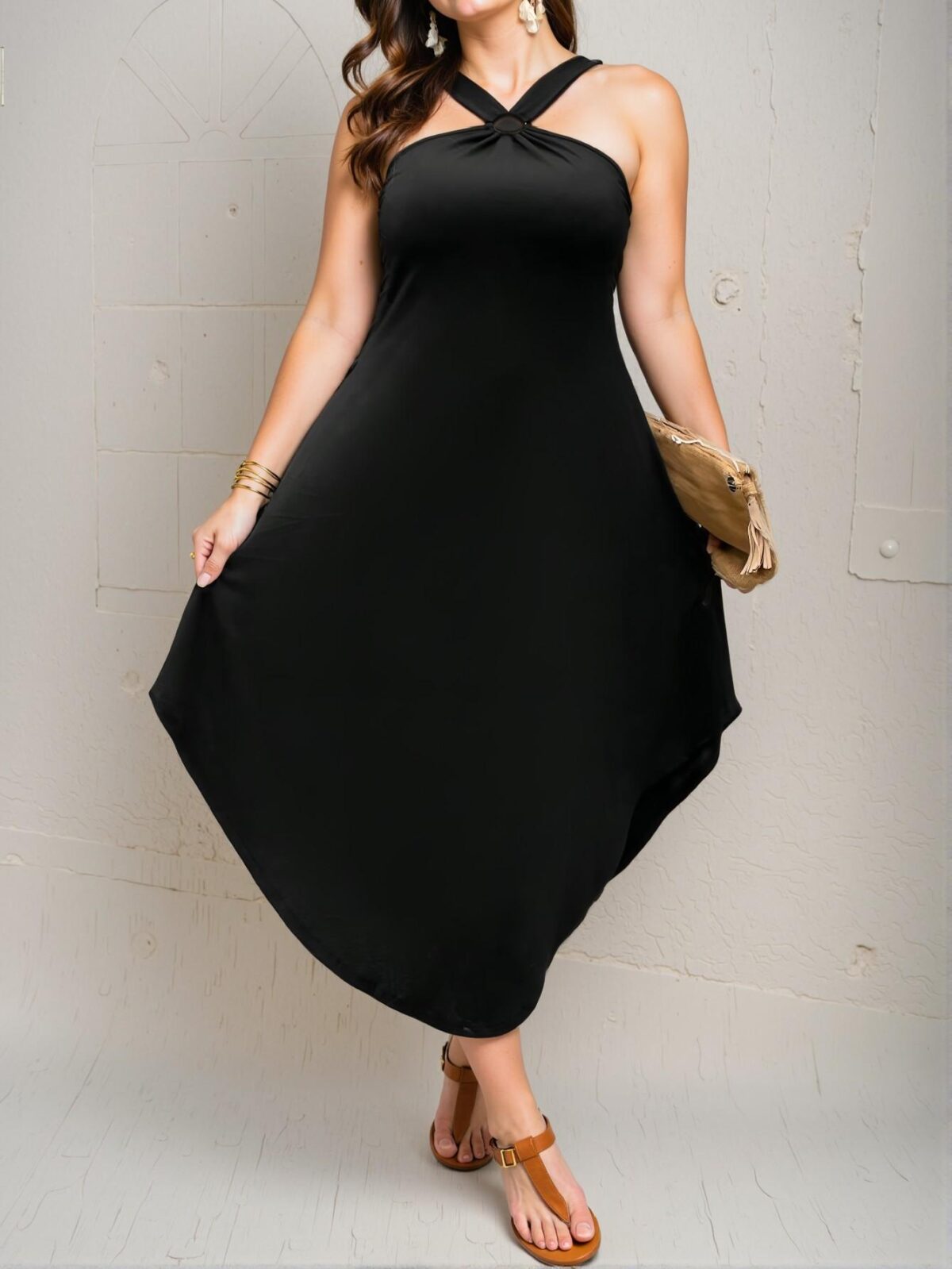 Elegant Black Curved Hem Halter Neck Maxi Dress for Women - A Chic, Classy, and Trendy Fashion Style to Dress to Impress - Image 3
