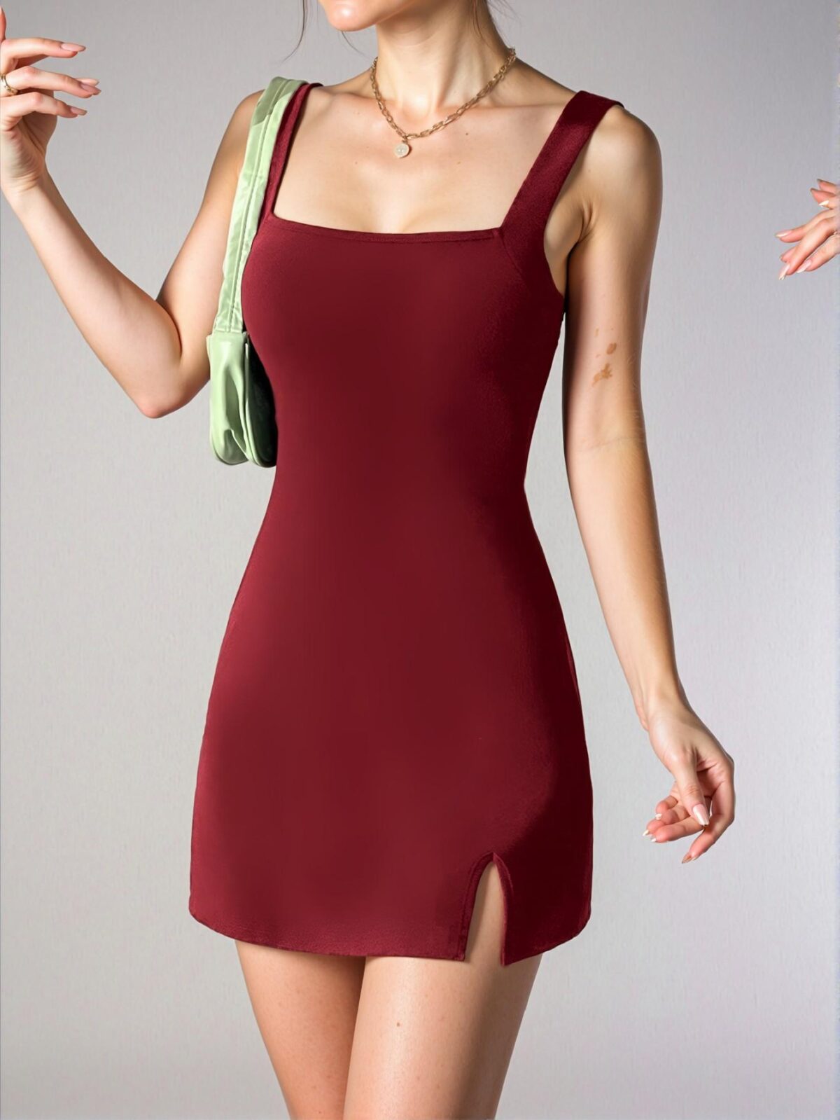 Elegant Burgundy Stylish Square Neck Cami Dress with Side Slit for Warm Weather Chic, Classy and Trendy Fashion Style to Dress to Impress