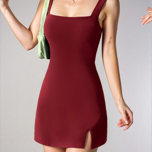 Elegant Burgundy Stylish Square Neck Cami Dress with Side Slit for Warm Weather Chic, Classy and Trendy Fashion Style to Dress to Impress