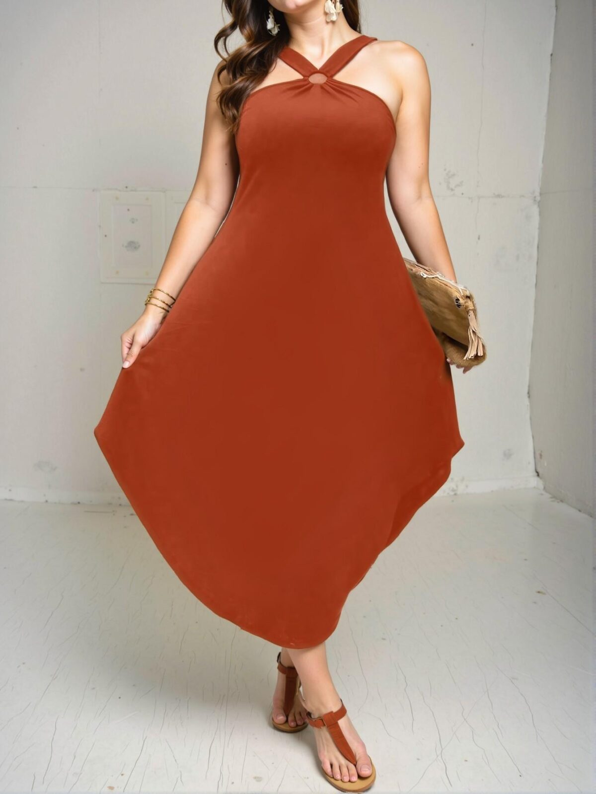 Elegant Brown Chic Halter Neck Asymmetrical Swing Dress for Summer Maxi - Classy and Trendy Fashion Style to Dress to Impress - Image 5