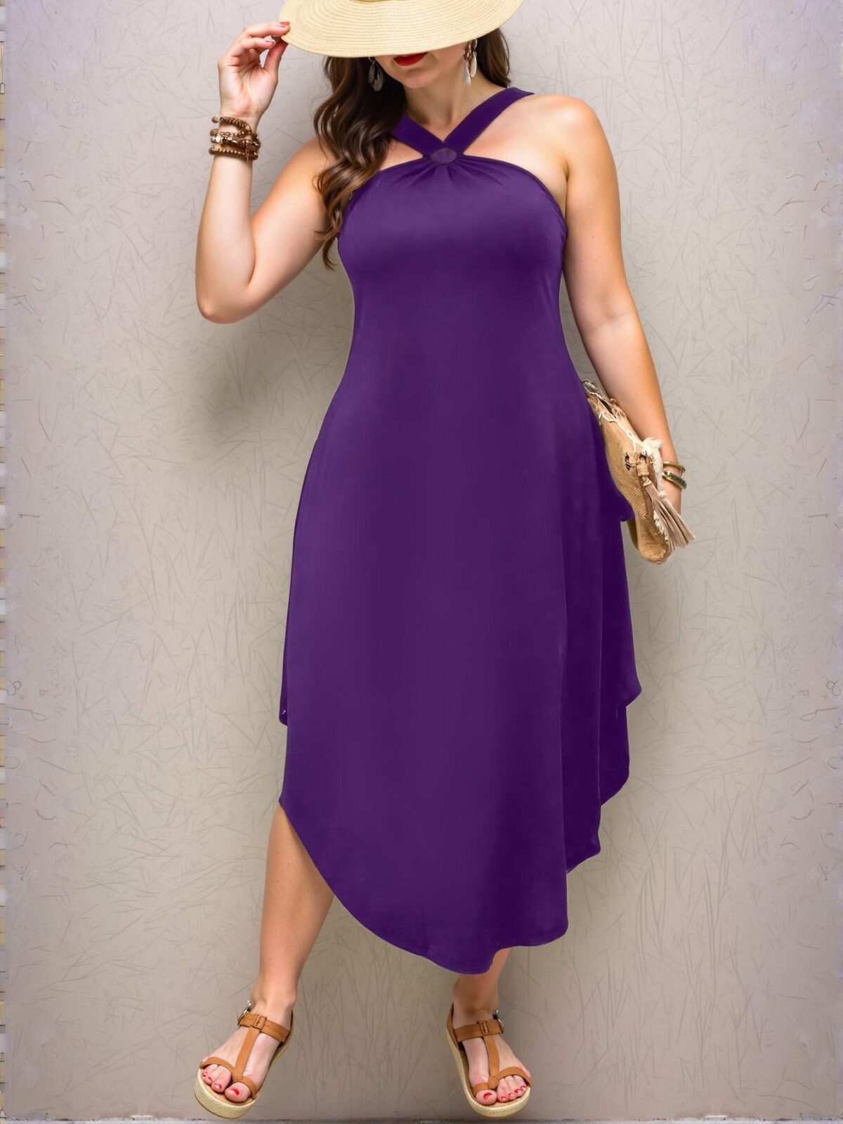 Elegant Purple Stylish Halter Neck Asymmetrical Swing Dress for Summer Outings - Chic, Classy and Trendy Fashion Style to Dress to Impress - Image 4