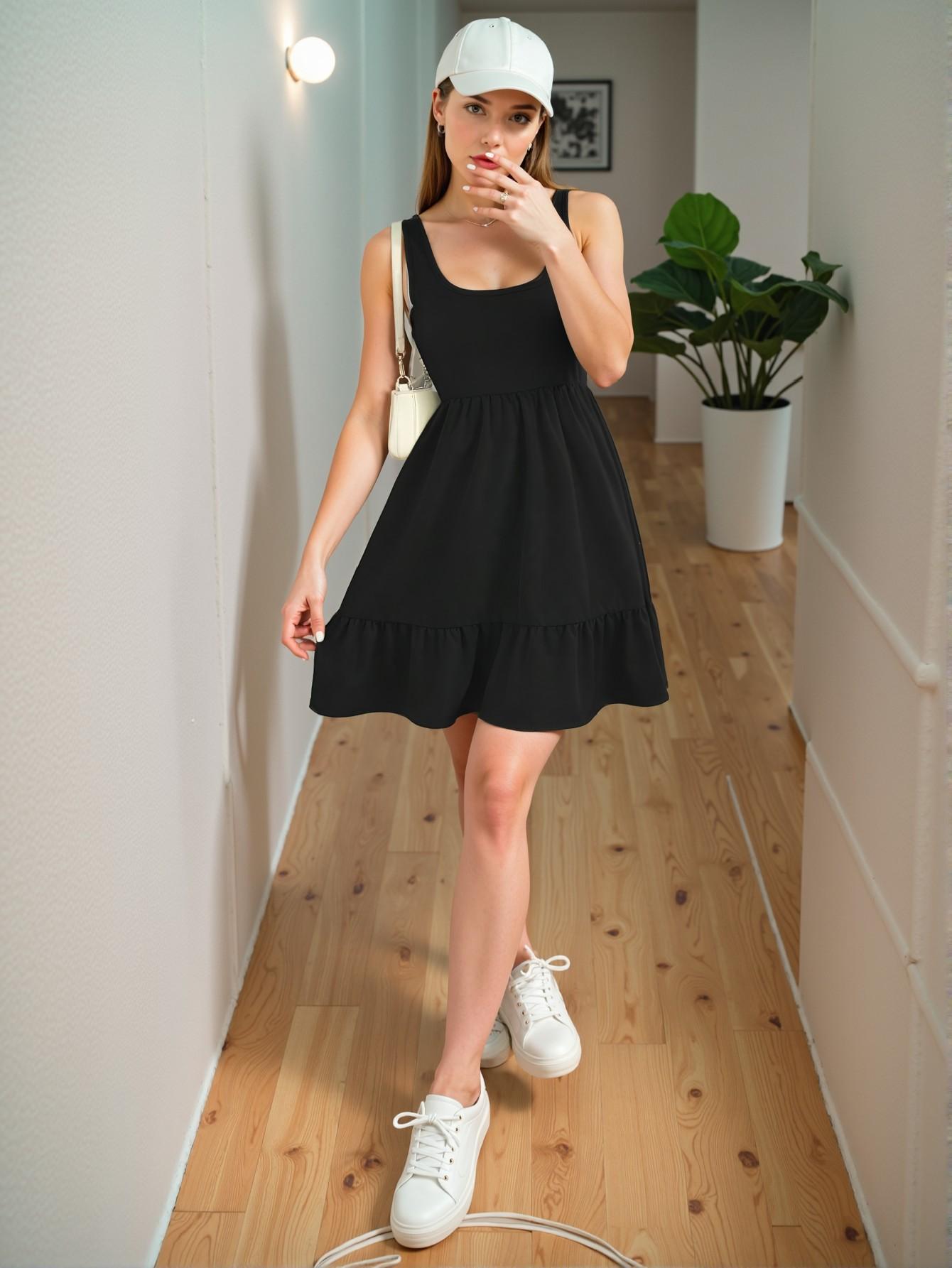 Elegant Black Stylish A-Line Rib Knit Sleeveless Dress for Spring and Summer Chic, Classy and Trendy Fashion Style to Dress to Impress