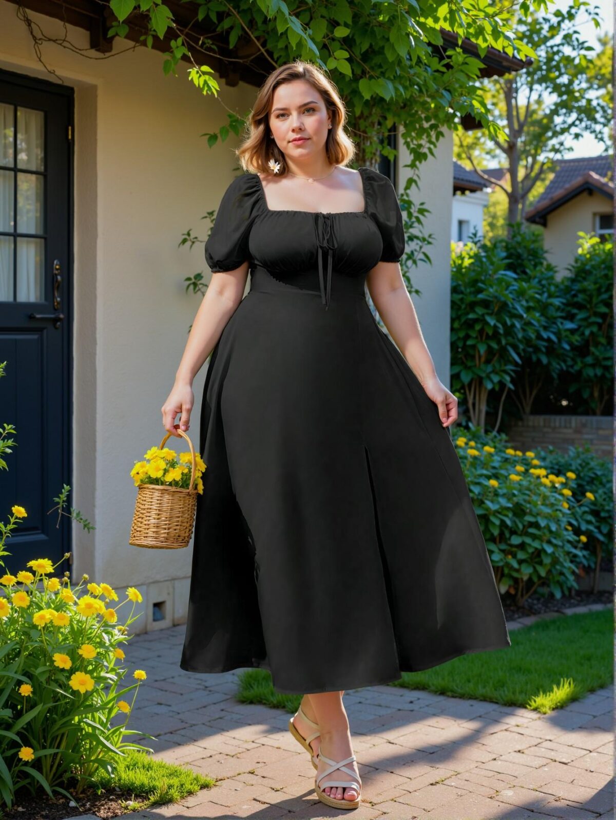 Elegant Black Flared A-Line Maxi Dress with Puff Sleeves and Side Slit for Stylish Spring and Summer Outings, Perfect for Vacations and Beach Days - Chic, Classy and Trendy Fashion Style to Dress to Impress