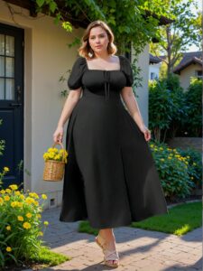 Elegant Black Flared A-Line Maxi Dress with Puff Sleeves and Side Slit for Stylish Spring and Summer Outings, Perfect for Vacations and Beach Days - Chic, Classy and Trendy Fashion Style to Dress to Impress