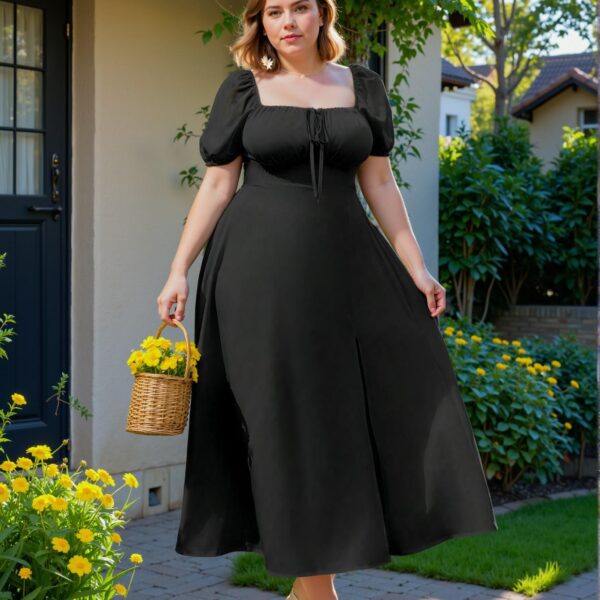 Elegant Black Flared A-Line Maxi Dress with Puff Sleeves and Side Slit for Stylish Spring and Summer Outings, Perfect for Vacations and Beach Days - Chic, Classy and Trendy Fashion Style to Dress to Impress
