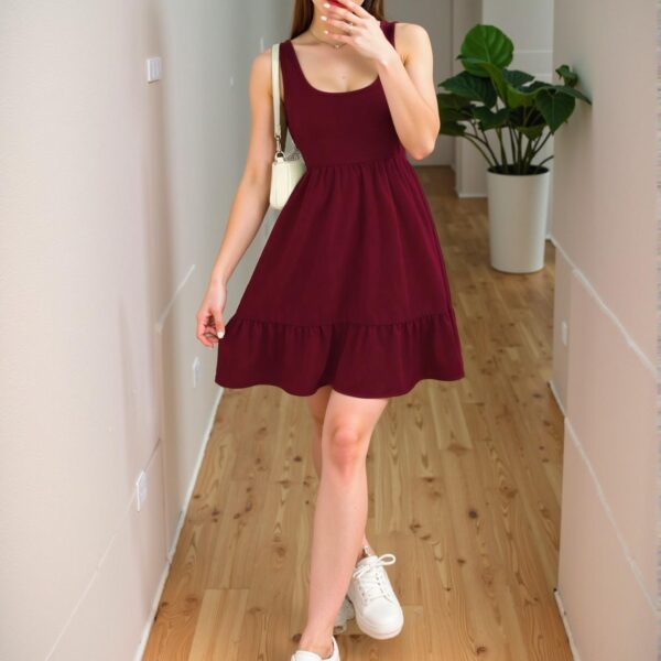 Elegant Burgundy Casual A-Line Dress with Wide Straps and Ruffled Hem for Spring and Summer Events – Chic, Classy and Trendy Fashion Style to Dress to Impress