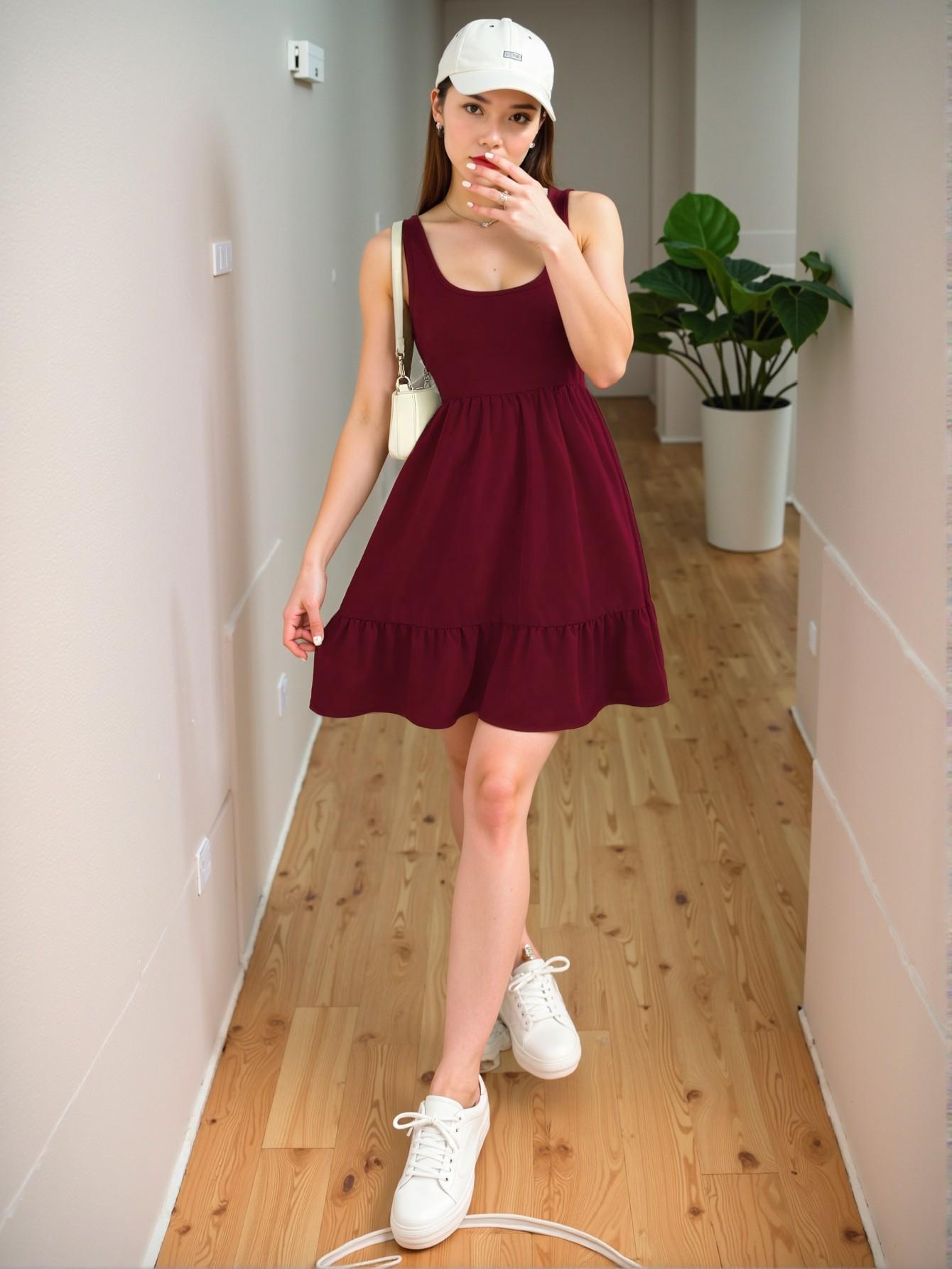 Elegant Burgundy Casual A-Line Dress with Wide Straps and Ruffled Hem for Spring and Summer Events – Chic, Classy and Trendy Fashion Style to Dress to Impress