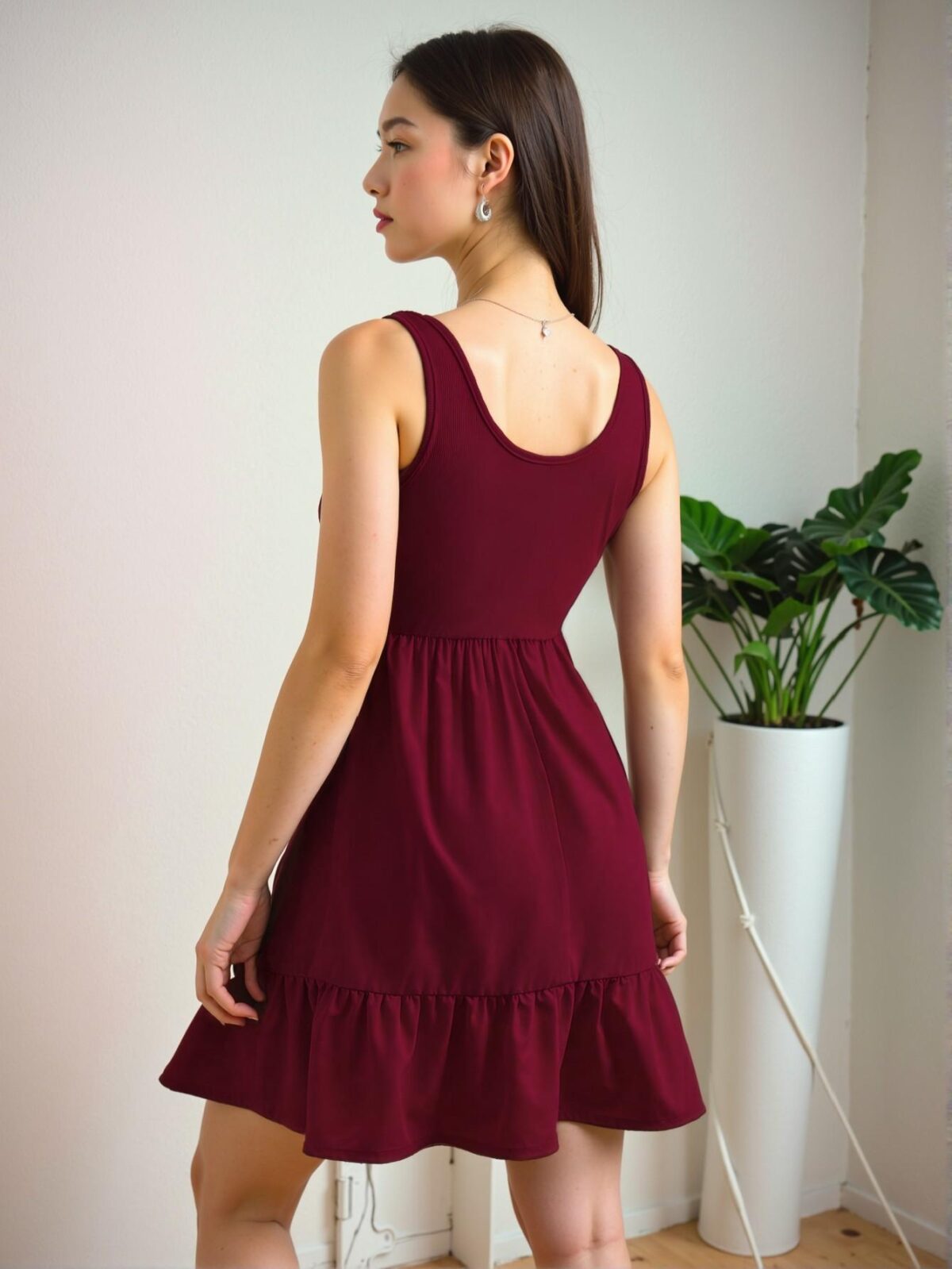 Elegant Burgundy Casual A-Line Dress with Wide Straps and Ruffled Hem for Spring and Summer Events – Chic, Classy and Trendy Fashion Style to Dress to Impress - Image 2