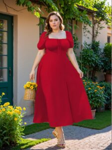Elegant Red A-Line Midi Dress with Puff Sleeves and Cinched Waist for Summer Celebrations "Chic, Classy and Trendy Fashion Style to Dress to Impress"