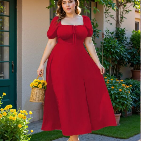 Elegant Red A-Line Midi Dress with Puff Sleeves and Cinched Waist for Summer Celebrations "Chic, Classy and Trendy Fashion Style to Dress to Impress"