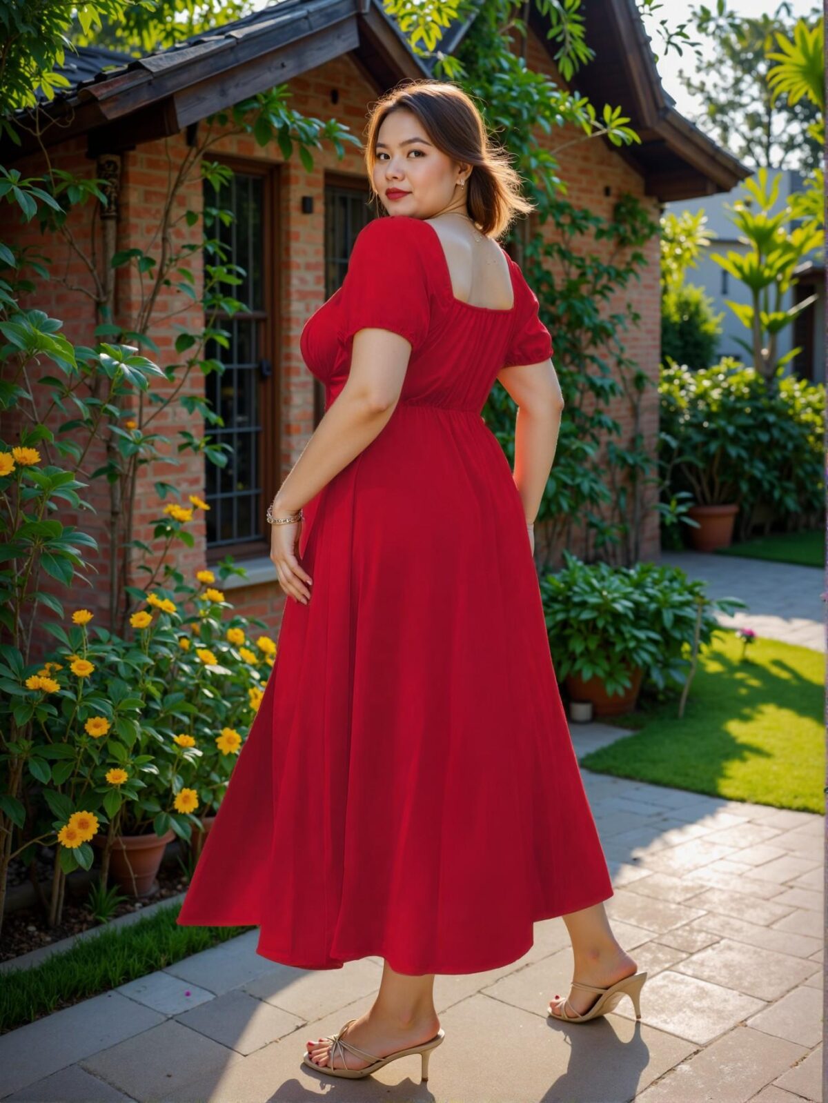 Elegant Red A-Line Midi Dress with Puff Sleeves and Cinched Waist for Summer Celebrations "Chic, Classy and Trendy Fashion Style to Dress to Impress" - Image 2