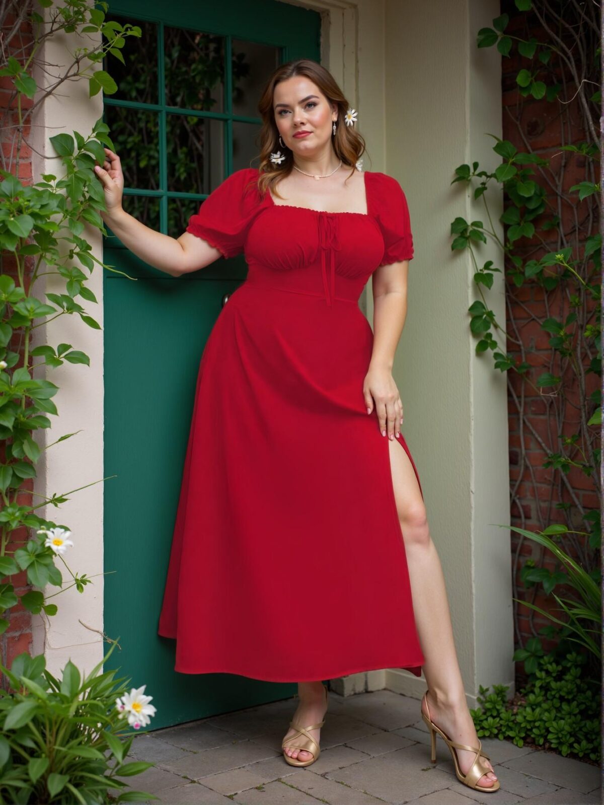 Elegant Red A-Line Midi Dress with Puff Sleeves and Cinched Waist for Summer Celebrations "Chic, Classy and Trendy Fashion Style to Dress to Impress" - Image 3
