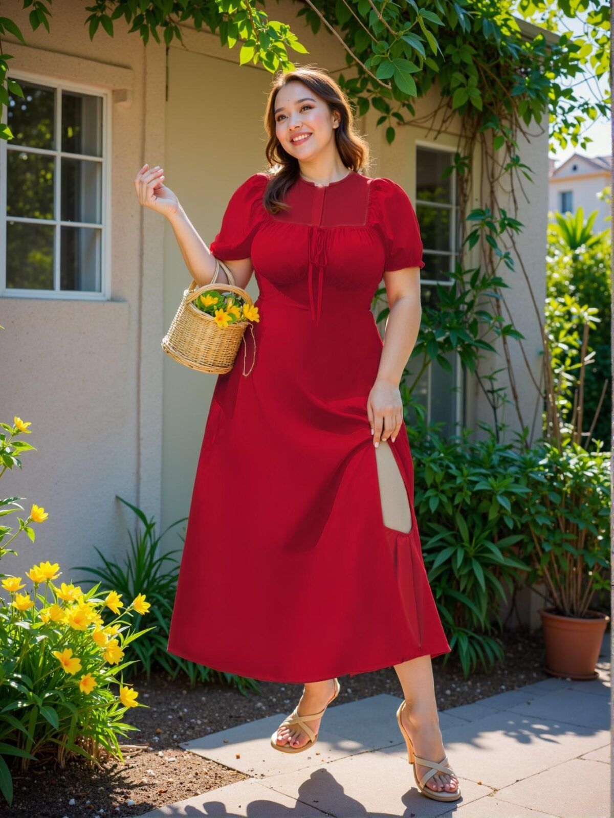 Elegant Red A-Line Midi Dress with Puff Sleeves and Cinched Waist for Summer Celebrations "Chic, Classy and Trendy Fashion Style to Dress to Impress" - Image 4