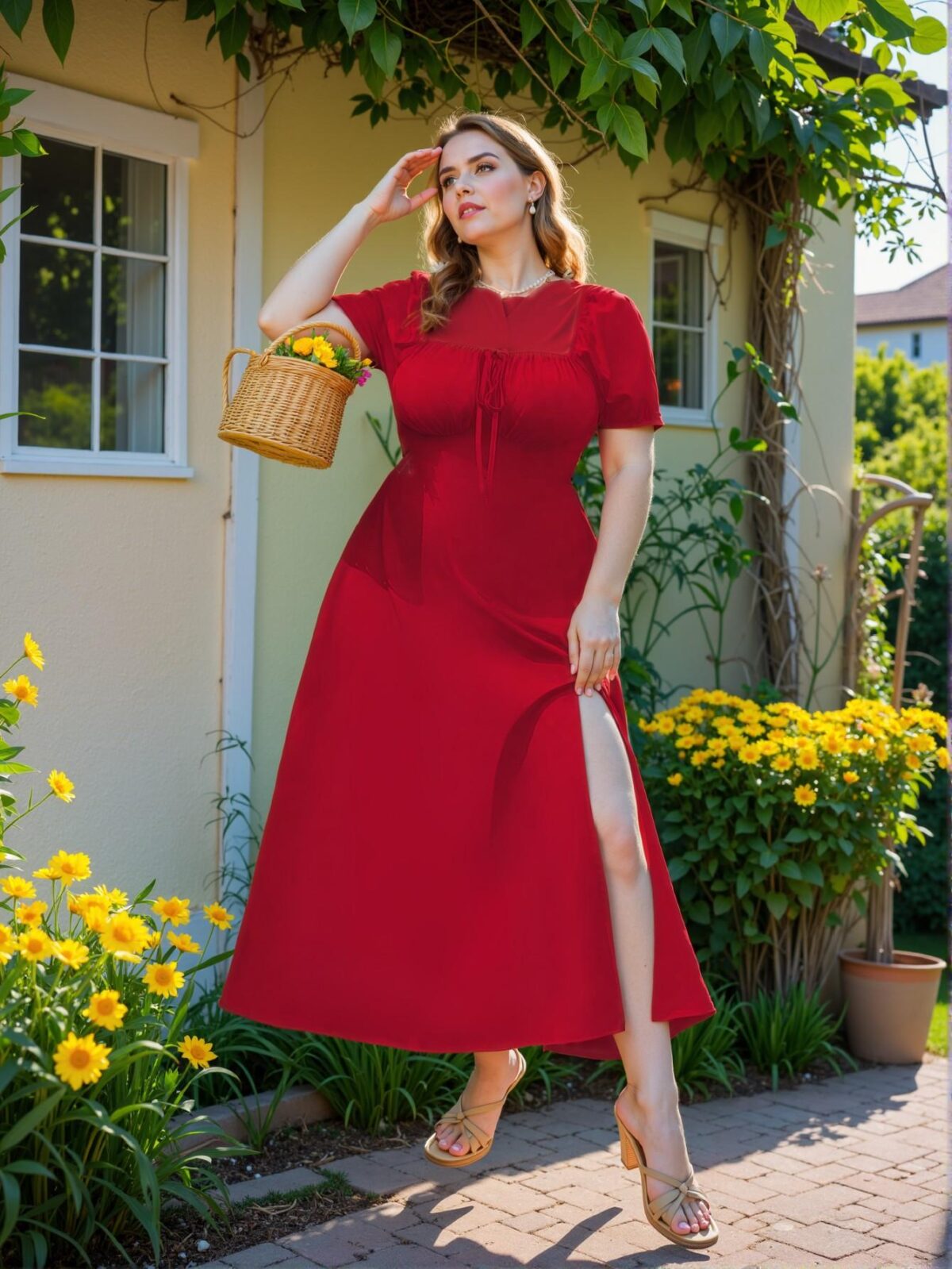 Elegant Red A-Line Midi Dress with Puff Sleeves and Cinched Waist for Summer Celebrations "Chic, Classy and Trendy Fashion Style to Dress to Impress" - Image 5