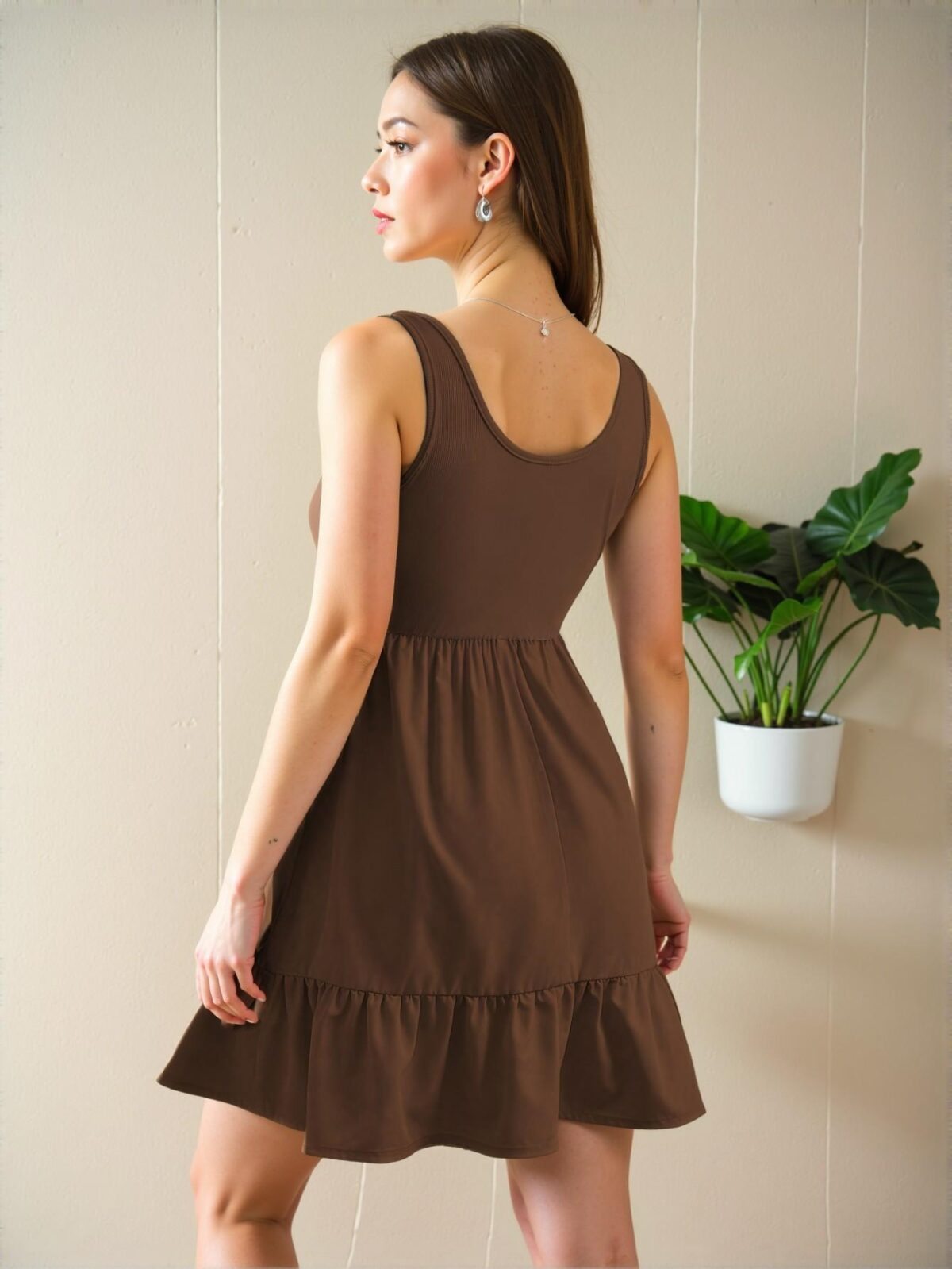 Elegant Coffee Brown Stylish Sleeveless Rib-Knit Dress with Ruffle Hem for Spring and Summer - Chic, Classy and Trendy Fashion Style to Dress to Impress - Image 2