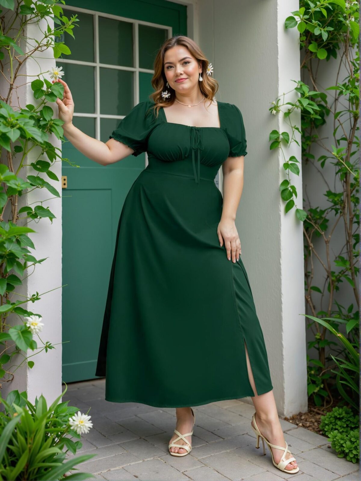 Elegant Dark Green A-Line Midi Dress with Puff Sleeves and Split Thigh for Summer Beach Vacations, Chic, Classy and Trendy Fashion Style to Dress to Impress - Image 3