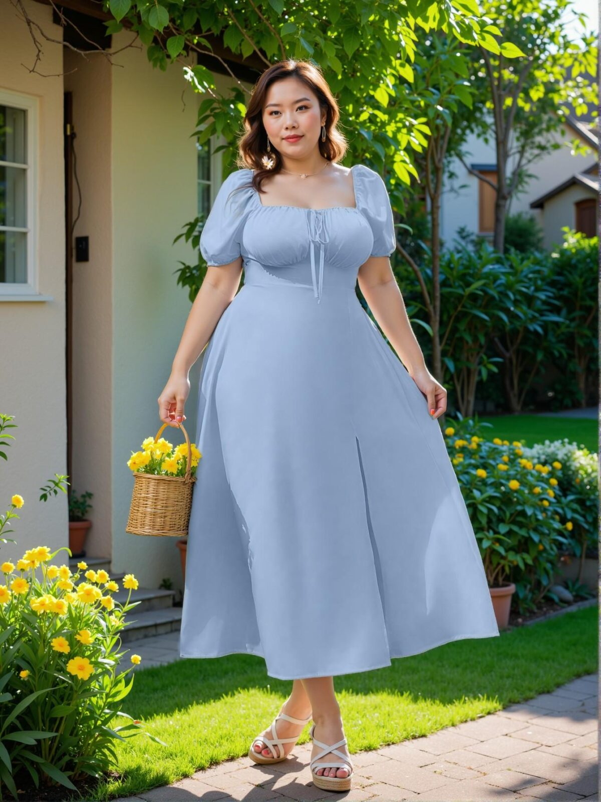 Elegant Baby Blue Stylish Plus Size A-Line Scoop Neck Short Sleeve Midi Dress with Split Thigh Detail for Summer Getaways and Holiday Celebrations - Chic, Classy and Trendy Fashion Style to Dress to Impress
