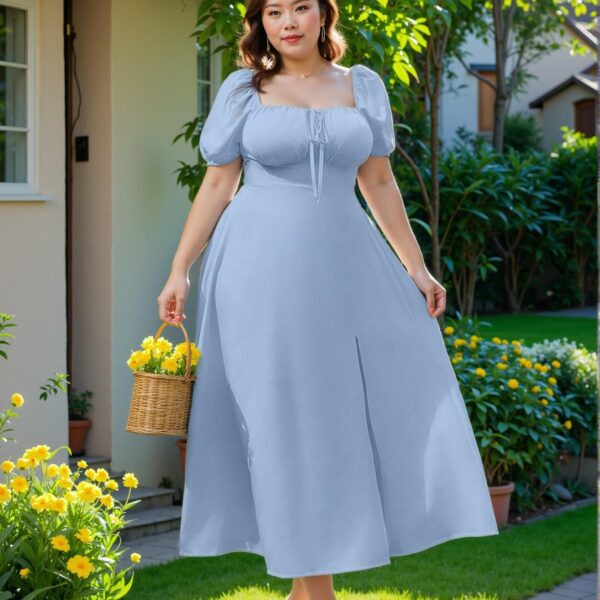 Elegant Baby Blue Stylish Plus Size A-Line Scoop Neck Short Sleeve Midi Dress with Split Thigh Detail for Summer Getaways and Holiday Celebrations - Chic, Classy and Trendy Fashion Style to Dress to Impress