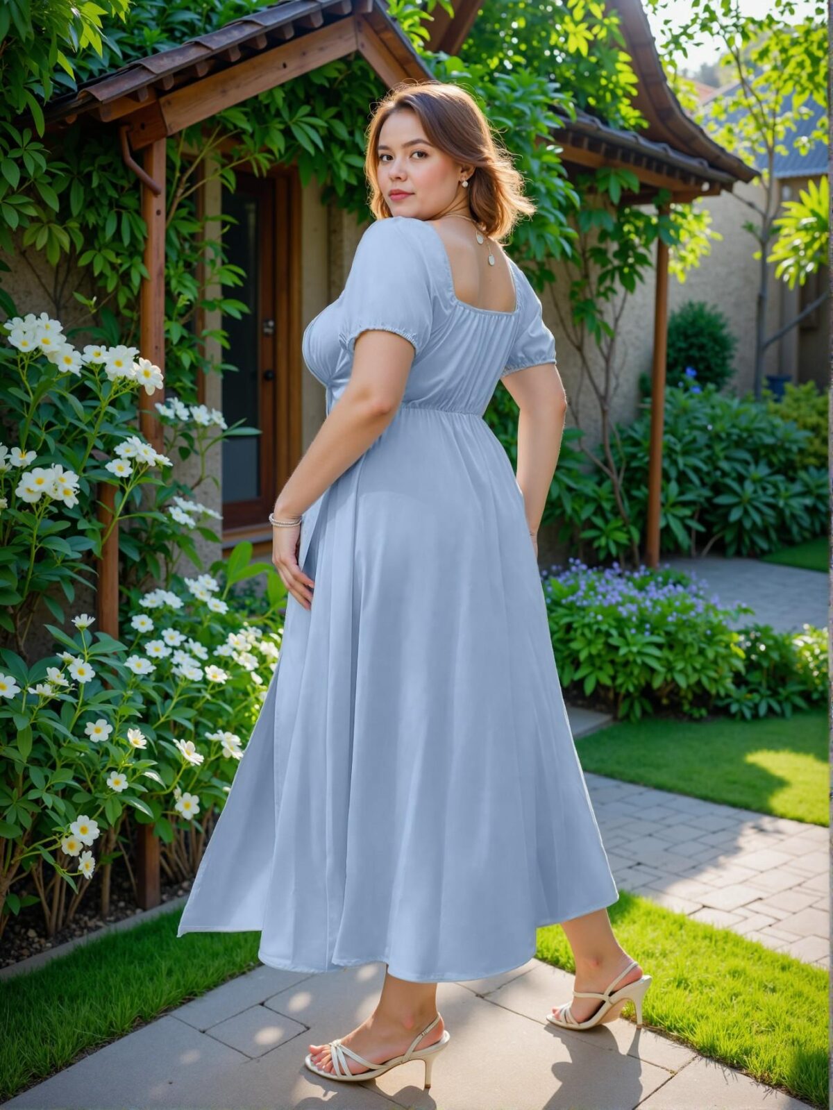 Elegant Baby Blue Stylish Plus Size A-Line Scoop Neck Short Sleeve Midi Dress with Split Thigh Detail for Summer Getaways and Holiday Celebrations - Chic, Classy and Trendy Fashion Style to Dress to Impress - Image 2
