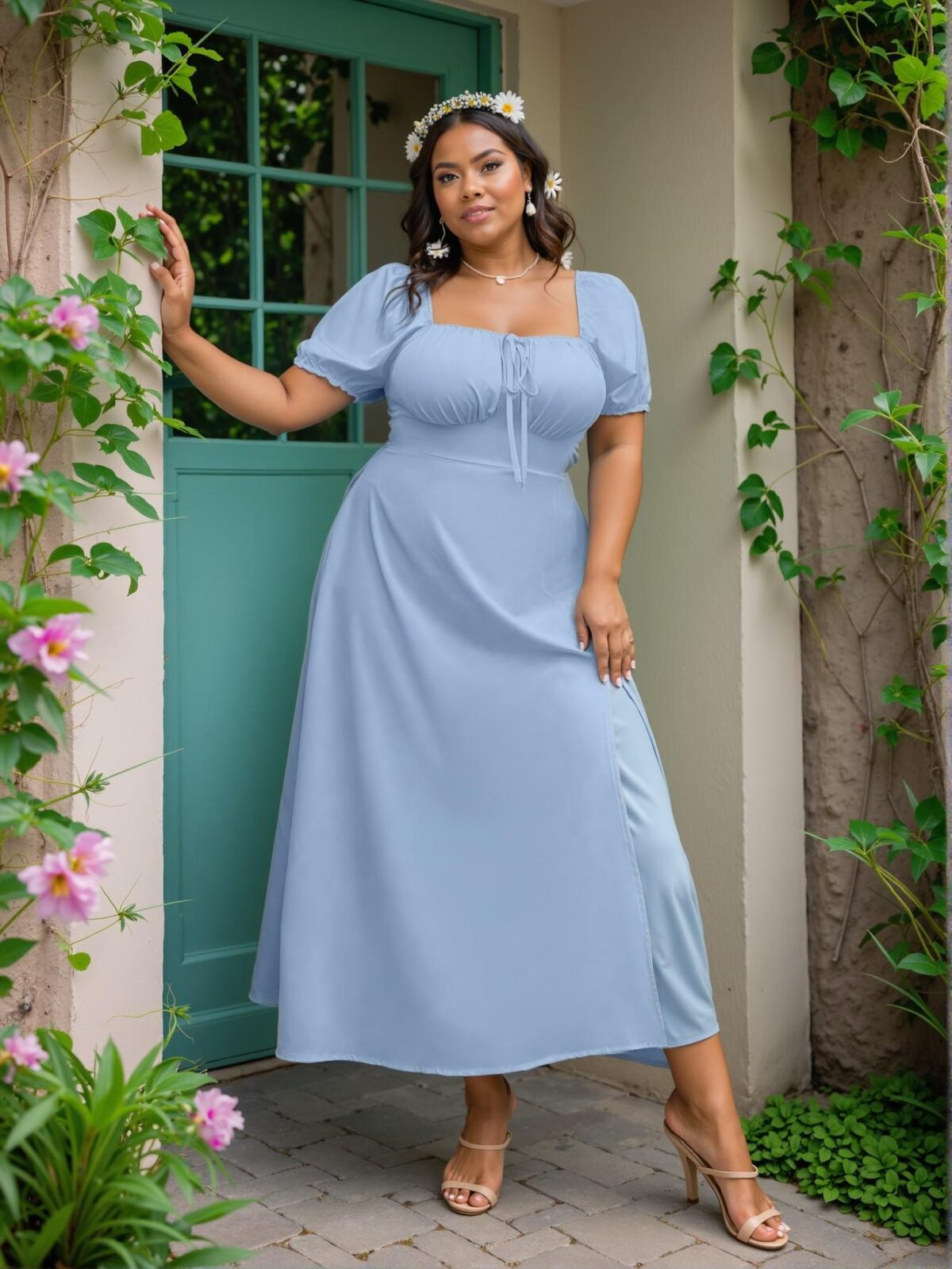 Elegant Baby Blue Stylish Plus Size A-Line Scoop Neck Short Sleeve Midi Dress with Split Thigh Detail for Summer Getaways and Holiday Celebrations - Chic, Classy and Trendy Fashion Style to Dress to Impress - Image 3