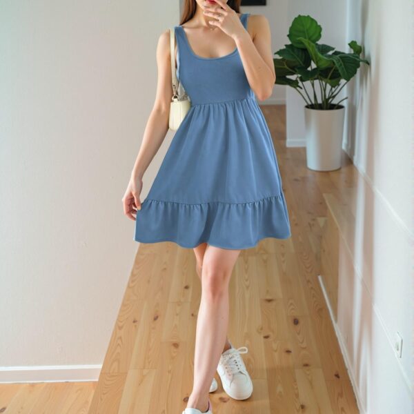 Elegant Blue Stylish Ribbed Patchwork Backless Ruffle Hem Dress for Spring and Summer – Chic, Classy and Trendy Fashion Style to Dress to Impress