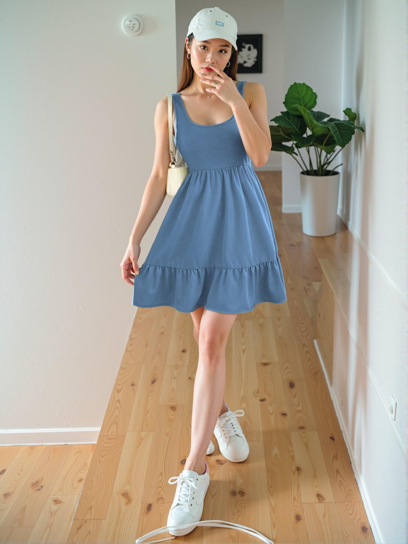 Elegant Blue Stylish Ribbed Patchwork Backless Ruffle Hem Dress for Spring and Summer – Chic, Classy and Trendy Fashion Style to Dress to Impress