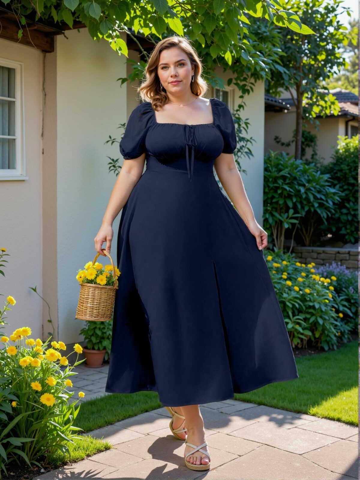 Elegant Navy Blue Flared A-Line Midi Dress with Puff Sleeves and Split Thigh Design for Summer Vacation or Christmas Celebrations - Chic, Classy and Trendy Fashion Style to Dress to Impress
