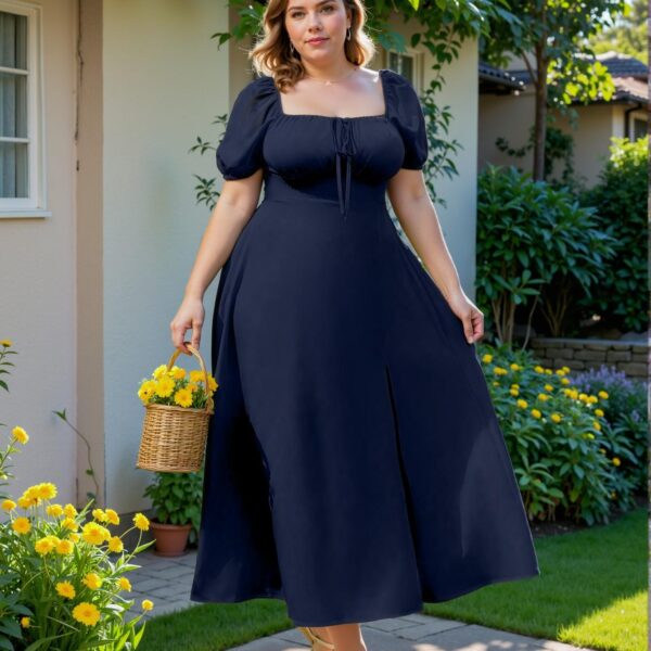 Elegant Navy Blue Flared A-Line Midi Dress with Puff Sleeves and Split Thigh Design for Summer Vacation or Christmas Celebrations - Chic, Classy and Trendy Fashion Style to Dress to Impress