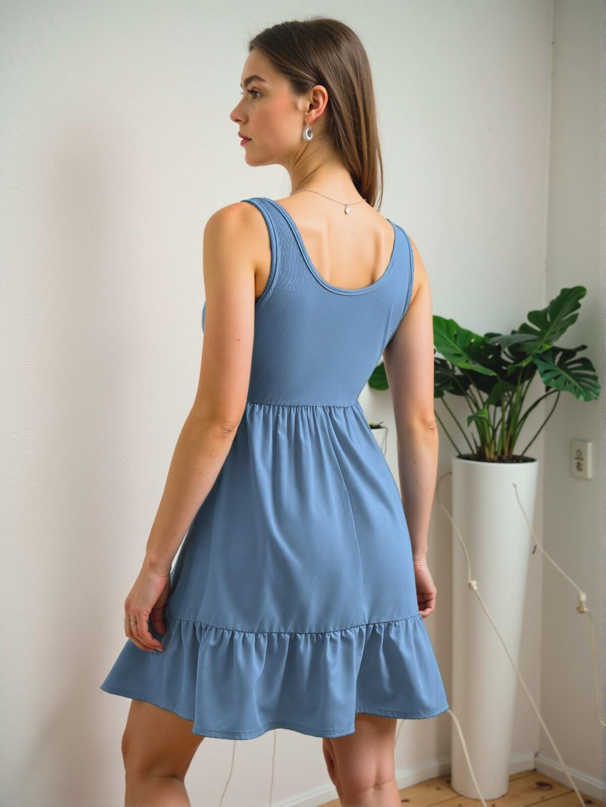 Elegant Blue Stylish Ribbed Patchwork Backless Ruffle Hem Dress for Spring and Summer – Chic, Classy and Trendy Fashion Style to Dress to Impress - Image 2