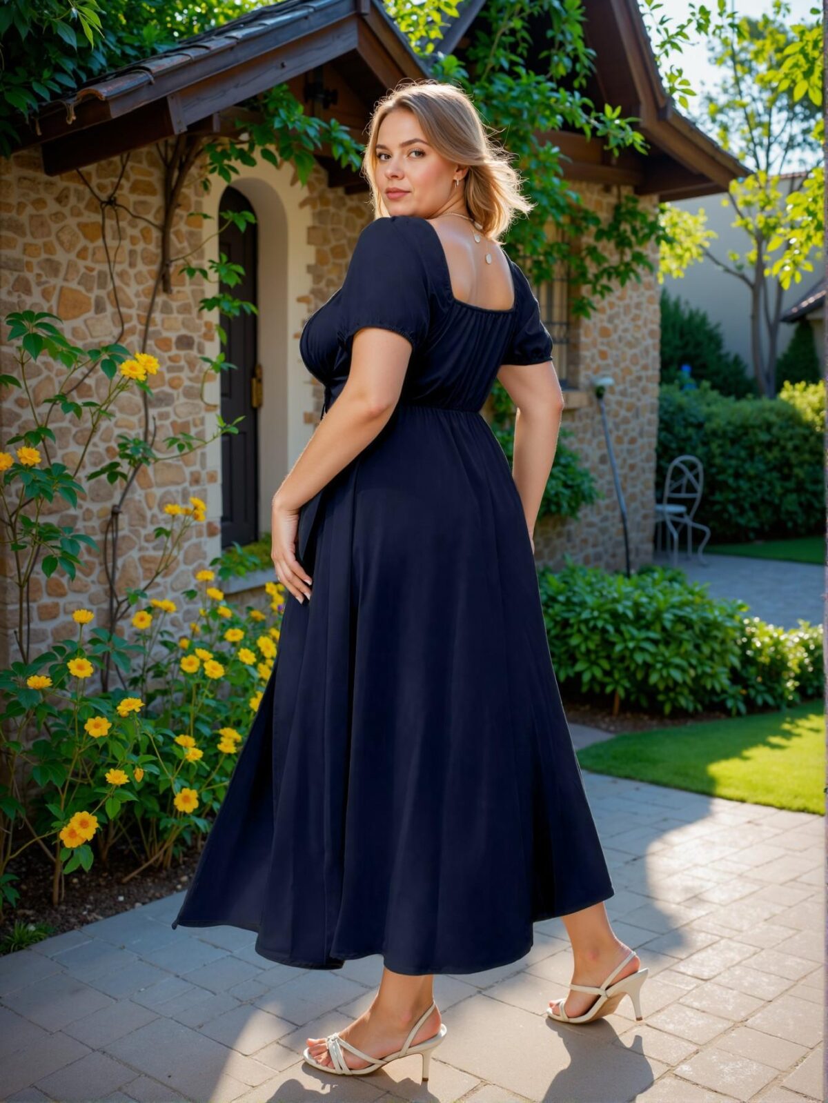 Elegant Navy Blue Flared A-Line Midi Dress with Puff Sleeves and Split Thigh Design for Summer Vacation or Christmas Celebrations - Chic, Classy and Trendy Fashion Style to Dress to Impress - Image 2